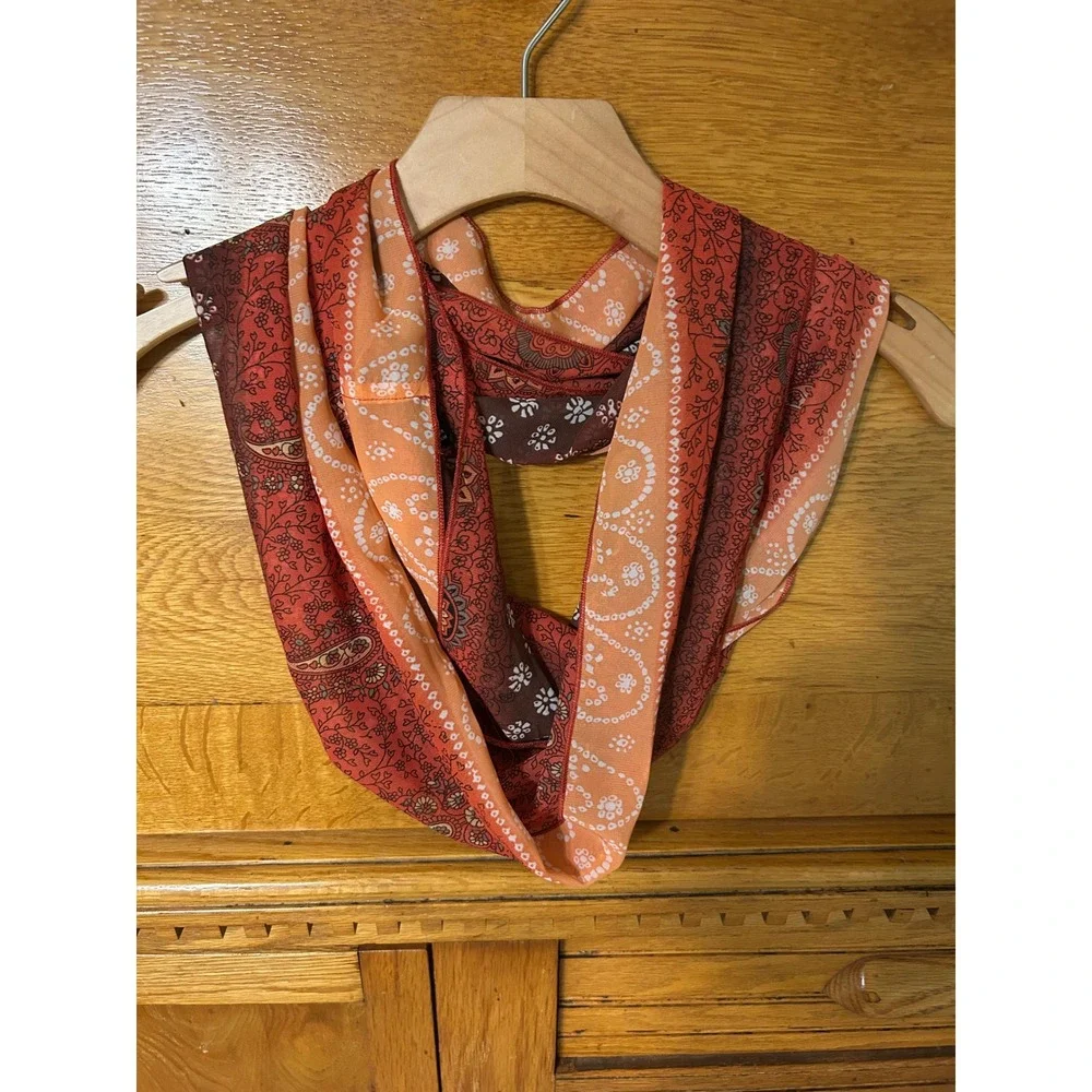 Boho Chic Paisley Floral Infinity Scarf Rust Orange Brown Multi Print Sheer Loop
